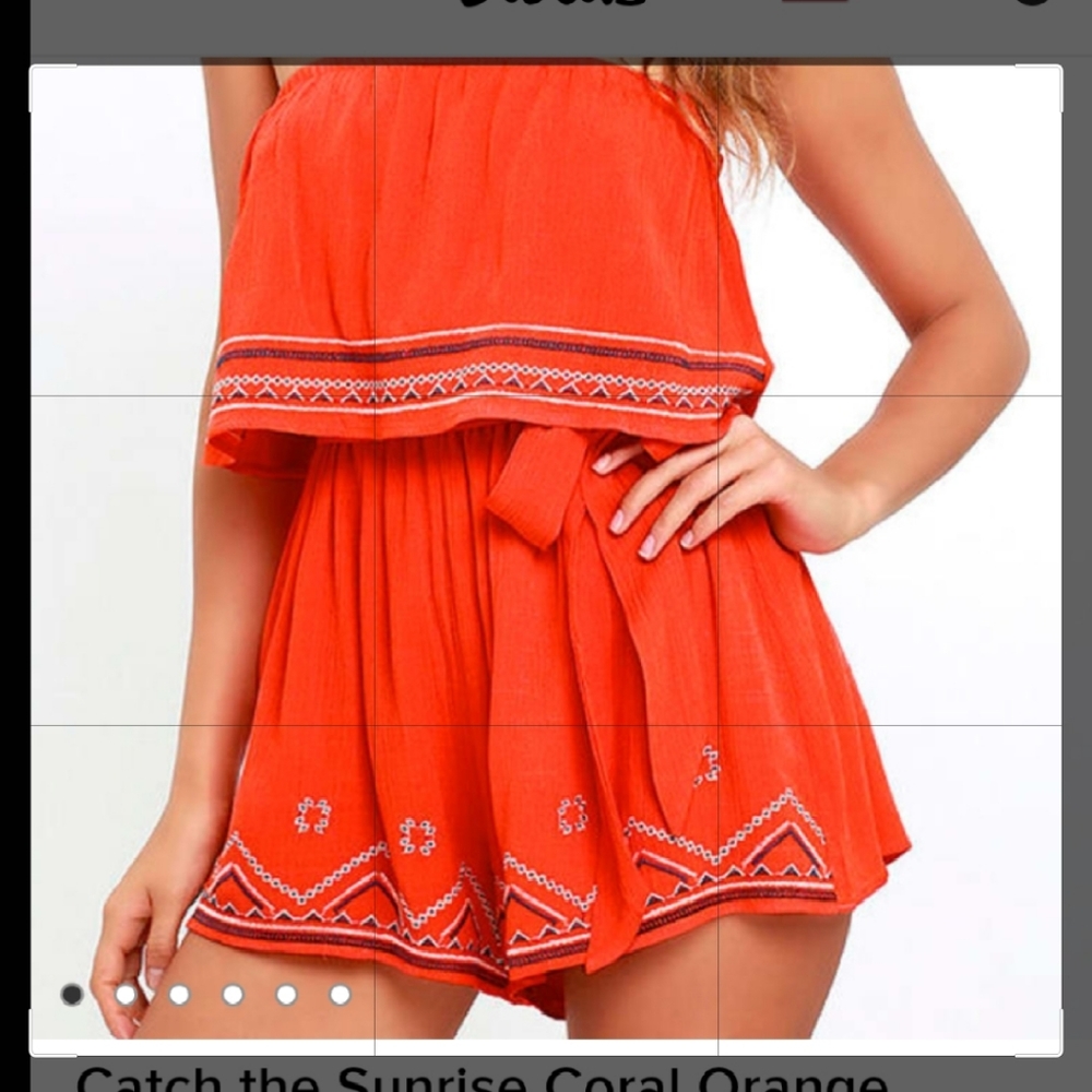 Catch the Sunrise Coral Orange Strapless Embroidered Romper